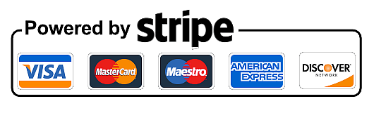 Powered by Stripe — Visa, Mastercard, Maestro, American Express, Discover